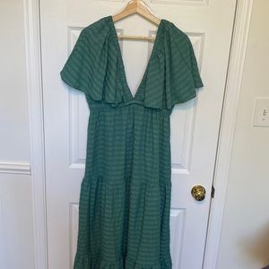Deep V Neck Flutter Sleeve Green Dress - Size XL